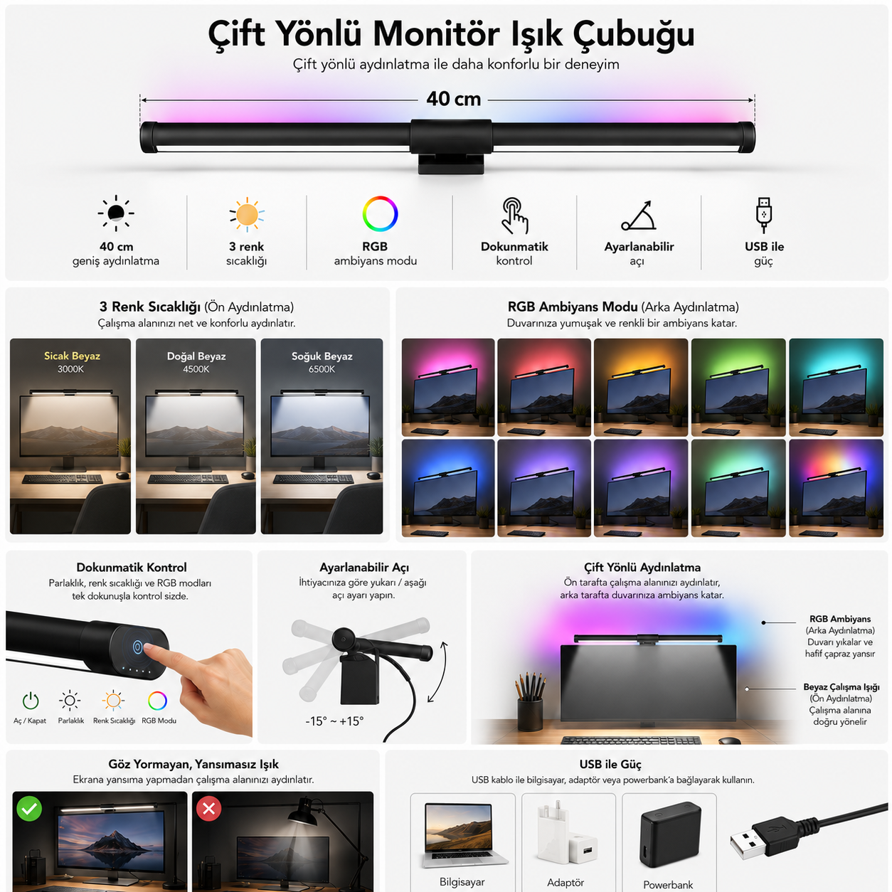 RGB Çift Yönlü Monitör Işık Çubuğu 40cm