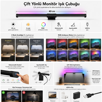 RGB Çift Yönlü Monitör Işık Çubuğu 40cm