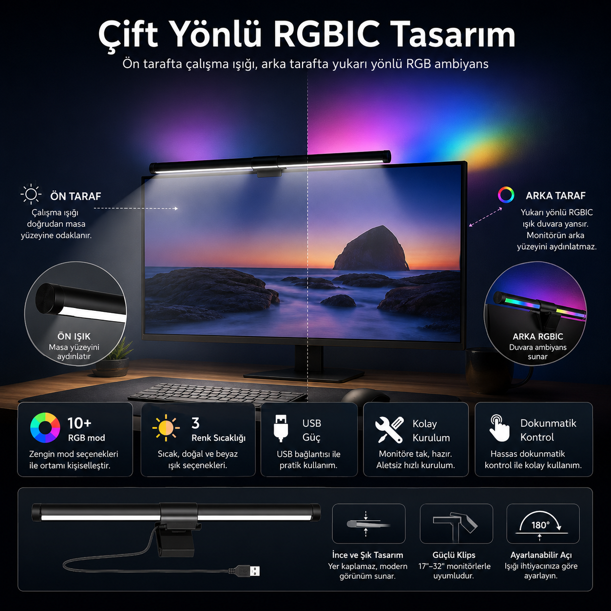 RGB Çift Yönlü Monitör Işık Çubuğu 40cm