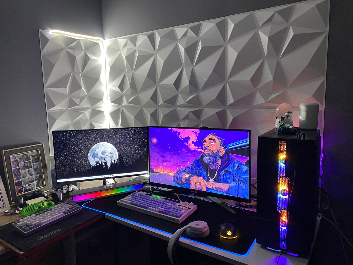 3D duvar paneli, ambilight ve LED şerit ışıklarıyla aydınlatılmış oyun masası