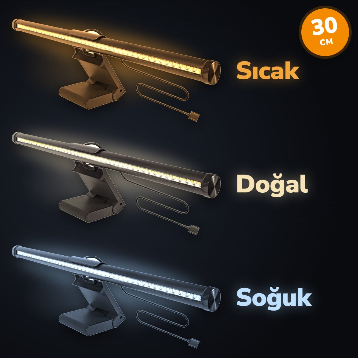Dokunmatik Monitör Işık Çubuğu 30 CM – 3 Işık Modlu USB Ekran Lambası